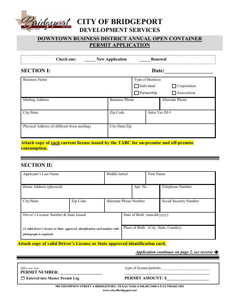 First page of the Downtown Business District Annual Open Container Permit Application