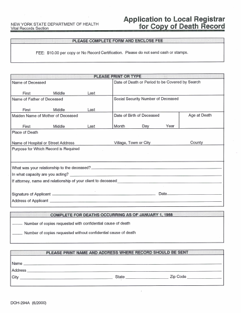 First page of the Application for Copy of Death Record
