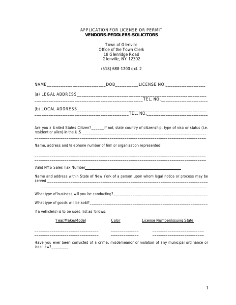 First page of the Application for License or Permit: Vendors, Peddlers, and Solicitors