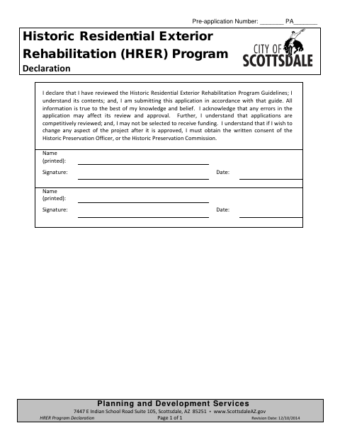 First page of the Historic Residential Exterior Rehabilitation Program Declaration