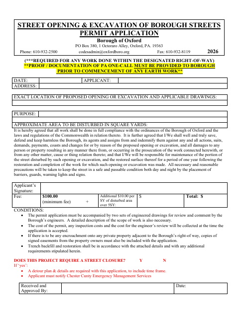 First page of the Street Opening & Excavation of Borough Streets Permit Application
