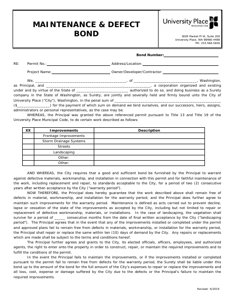 First page of the Maintenance and Defect Bond