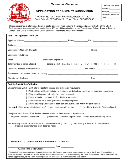 First page of the Exempt Subdivision Application