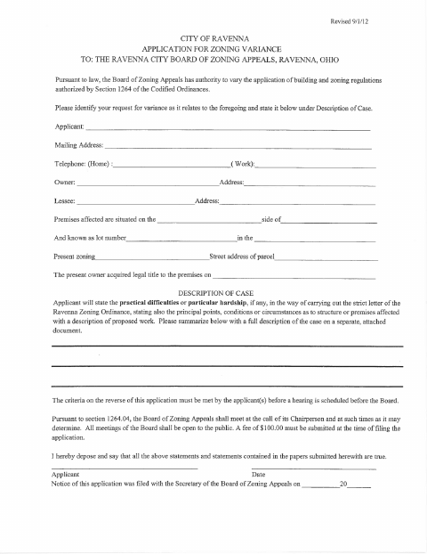 First page of the Zoning Variance Application