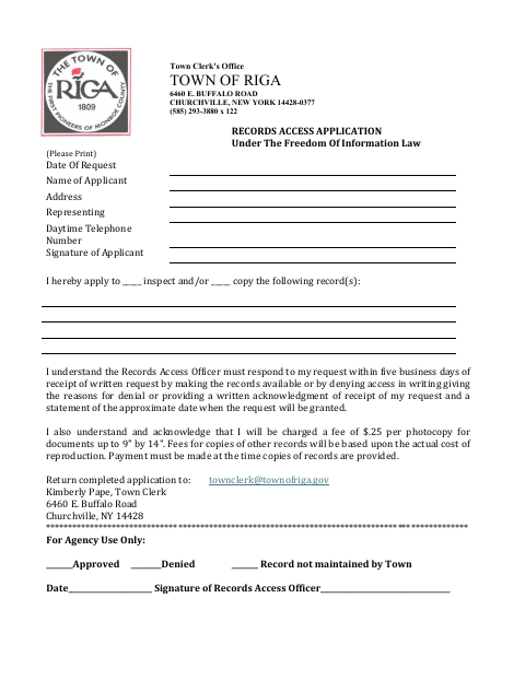 First page of the Records Access Application Under the Freedom of Information Law
