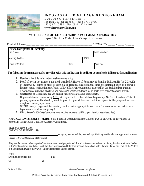 First page of the Mother-Daughter Accessory Apartment Application and Affidavit
