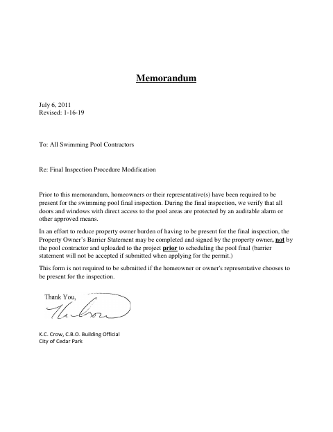 First page of the Swimming Pool Barrier Statement