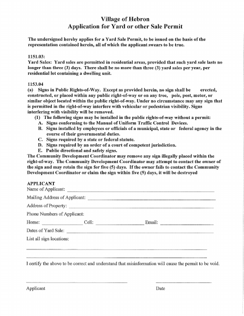 First page of the Application for Yard or Other Sale Permit