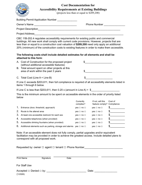 First page of the Cost Documentation for Accessibility Requirements at Existing Buildings