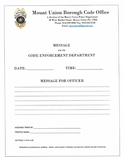 First page of the Code Enforcement Message Form