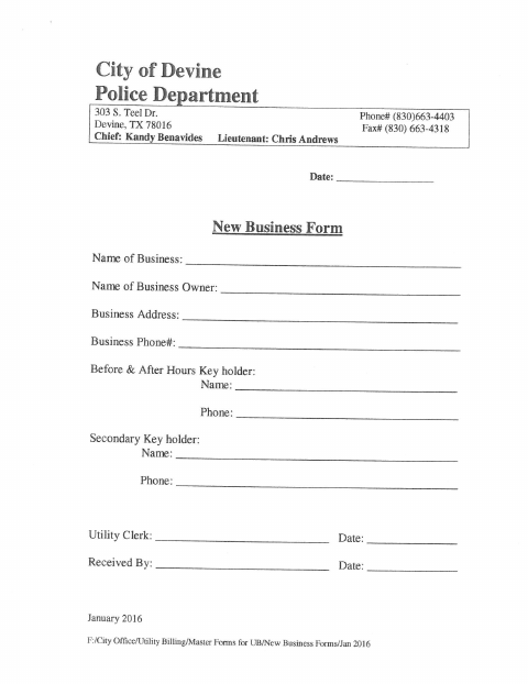 First page of the New Business Form