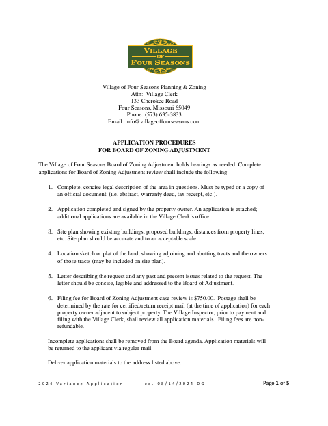First page of the Variance Application