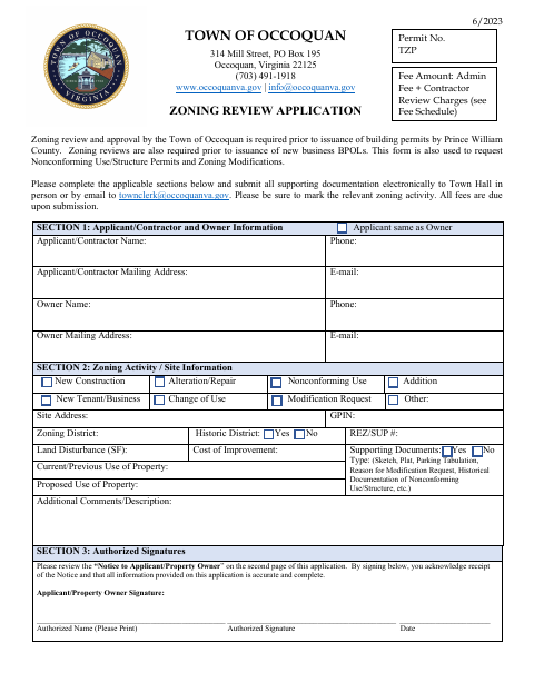 First page of the Zoning Review Application