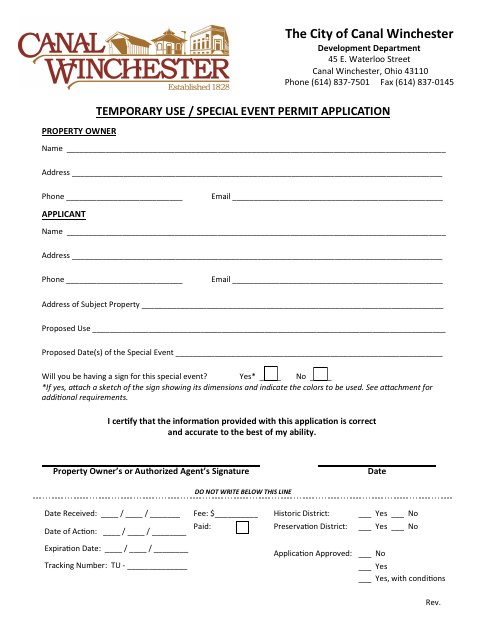 First page of the Temporary Use / Special Event Permit Application
