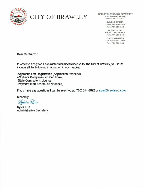 First page of the Contractors Business License Application Packet
