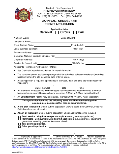 First page of the Carnival/Circus/Fair Permit Application