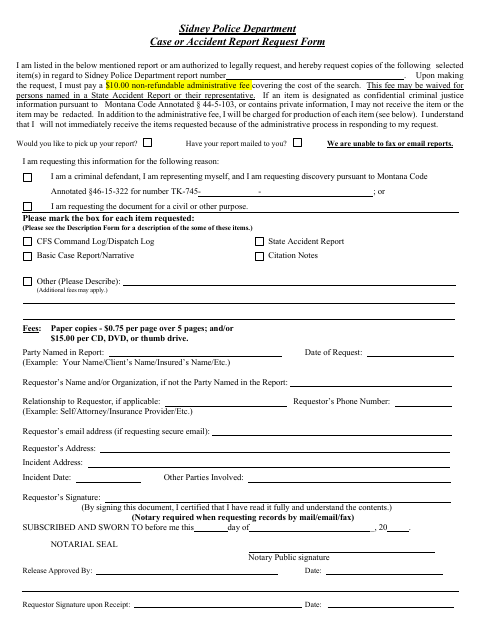 First page of the Police Case or Accident Report Request
