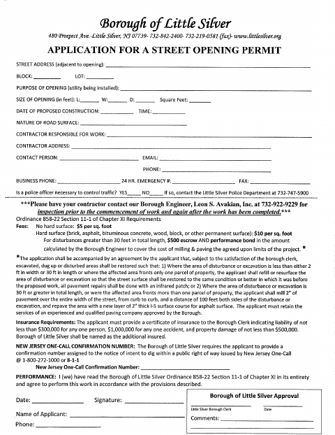 First page of the Street Opening Permit Application