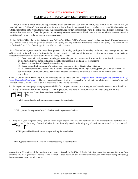 First page of the California Levine Act Disclosure Statement