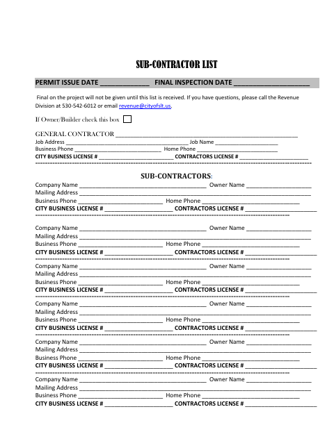 First page of the Sub-Contractor List