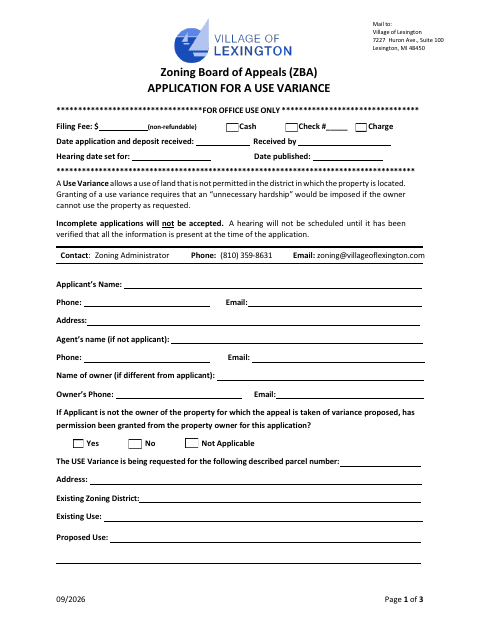 First page of the Application for a Use Variance