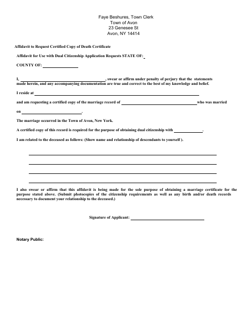First page of the Death Certificate Affidavit