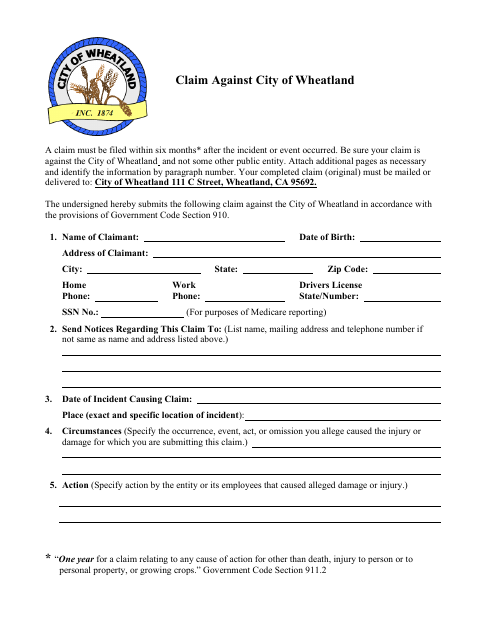 First page of the Claim Form
