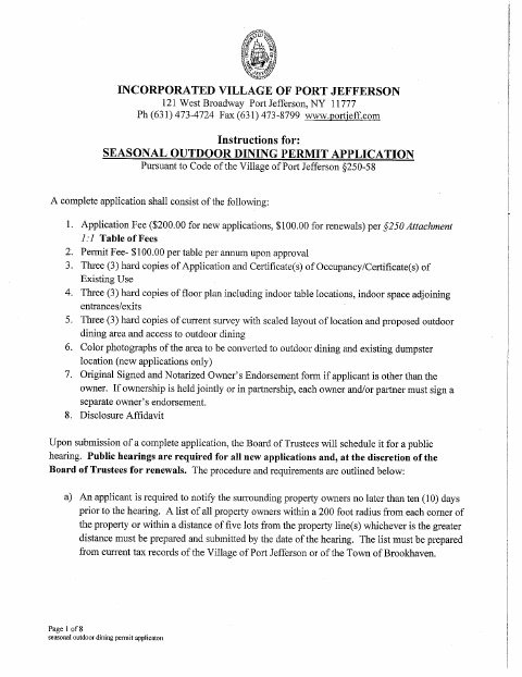 First page of the Seasonal Outdoor Dining Permit Application