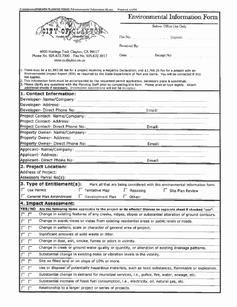First page of the Environmental Information Form