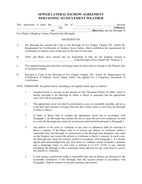 First page of the Sewer Lateral Inclement Weather Escrow Agreement