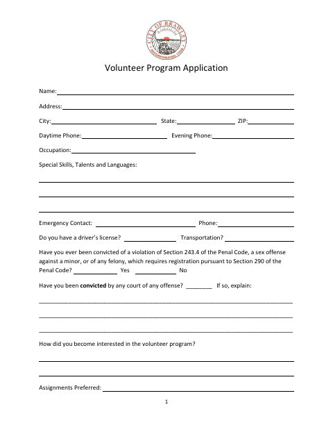 First page of the Volunteer Program Application