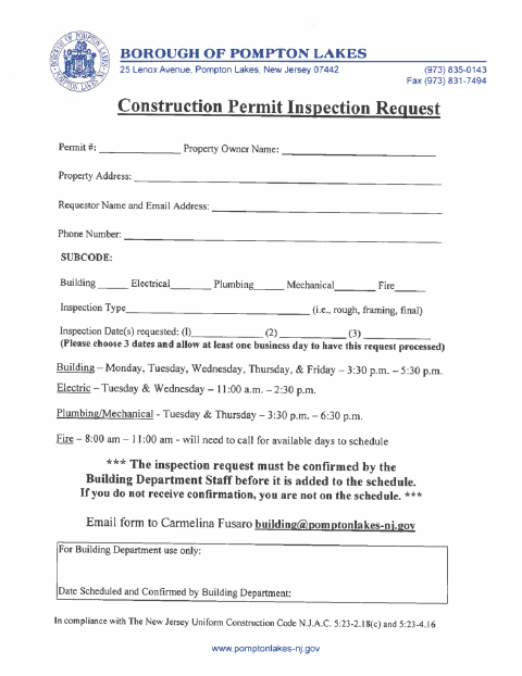 First page of the Construction Permit Inspection Request Form