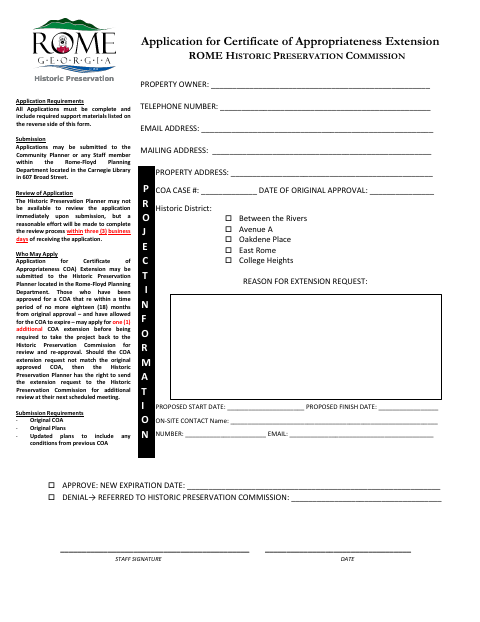 First page of the Application for Certificate of Appropriateness Extension