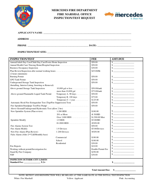 First page of the Fire Marshal Inspection/Test Request