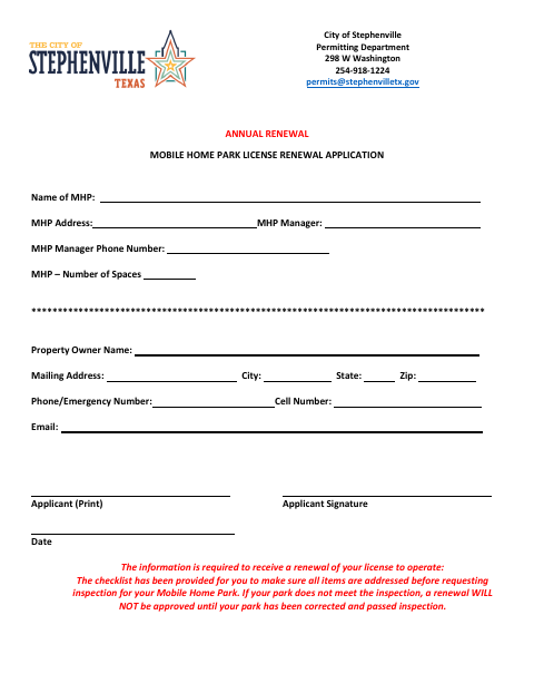 First page of the Annual Renewal Mobile Home Park License Renewal Application