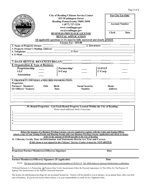 First page of the Business Privilege License Rental Application