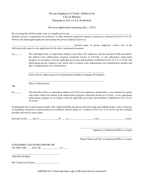 First page of the Private Employer E-Verify Affidavit