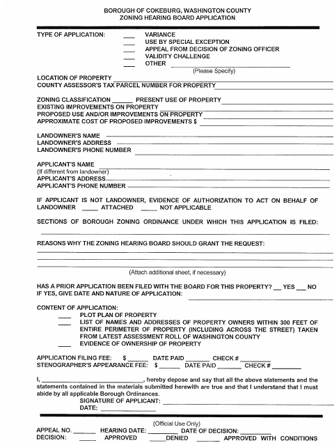 First page of the Zoning Hearing Board Application