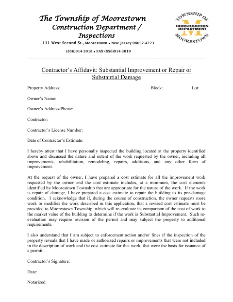 First page of the Contractor’s Affidavit: Substantial Improvement or Repair or Substantial Damage