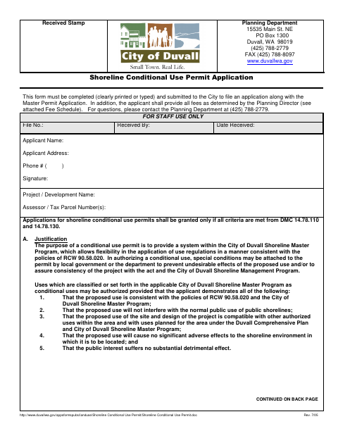 First page of the Shoreline Conditional Use Permit Application