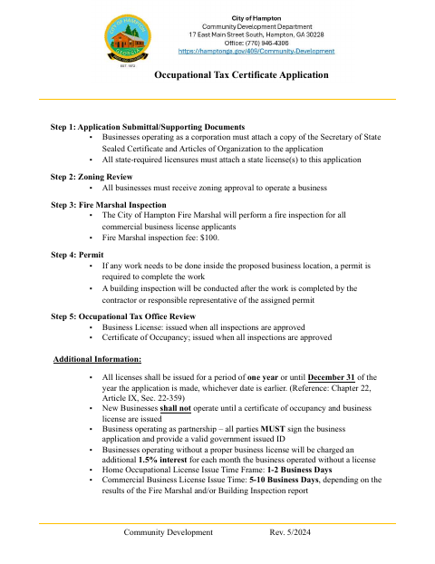 First page of the Occupational Tax Certificate Application