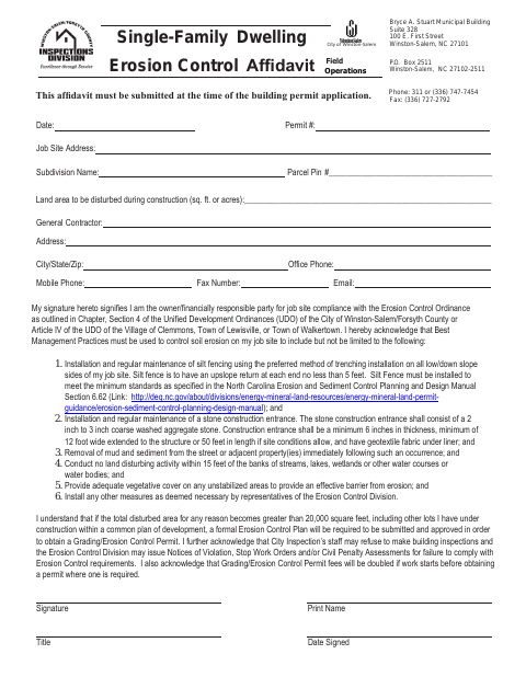 First page of the Single-Family Dwelling Erosion Control Affidavit