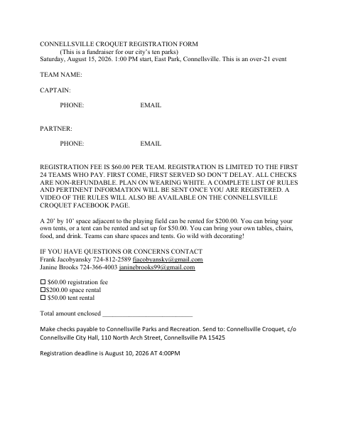 First page of the Croquet Registration Form