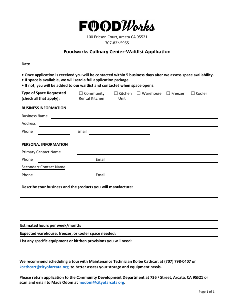 First page of the Foodworks Culinary Center Waitlist Application