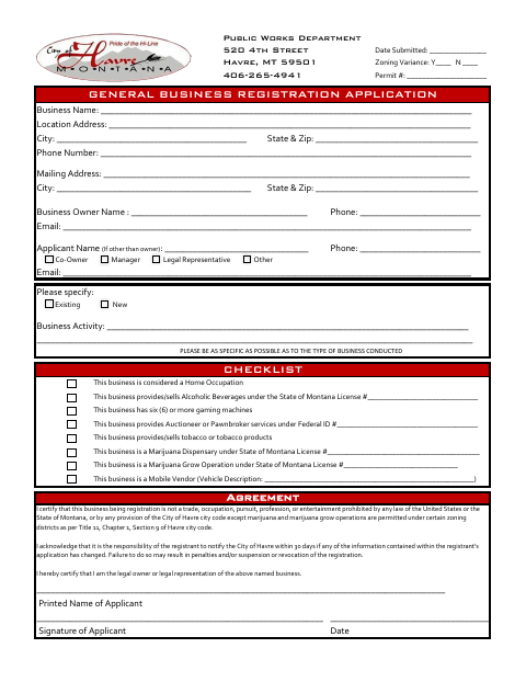 First page of the General Business Registration Application