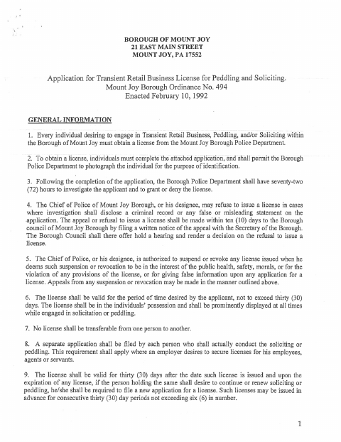 First page of the Transient Retail Business License Application