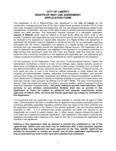 First page of the Rights-of-Way Use Agreement Application