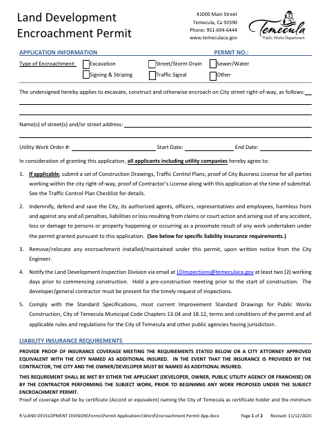 First page of the Land Development Encroachment Permit