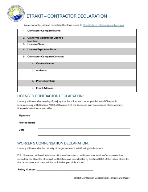 First page of the eTrakit Contractor Declaration