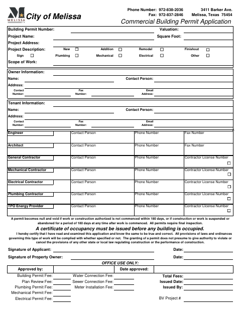 First page of the Commercial Building Permit Application